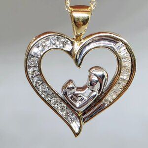 10k Mother and Child White and Yellow Gold Diamond Pendant on 10k Chain Necklace